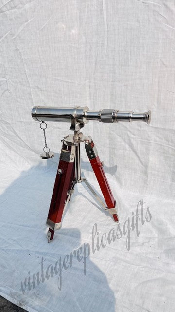 Vintage Brass Telescope on Wooden Tripod | Antique Nautical Spyglass | Maritime