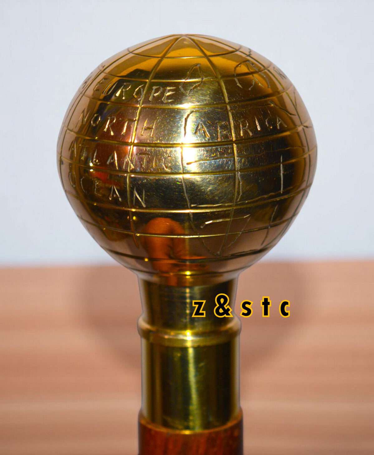 Vintage Brass Globe Head Walking Stick – Antique Style Wooden Cane