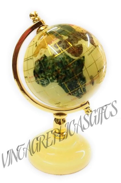 Rare Vintage Gemstone World Globe 3" Off-White Ocean with Golden Stand Handmade