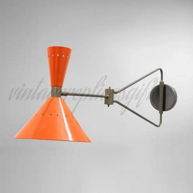 Vintage Mid Century Wall Lamp Swing Arm Sconce Orange Metal & Brass Handmade 26"