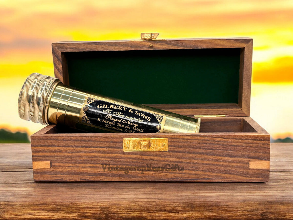 Antique Vintage Classic Brass Kaleidoscope W/ Wooden Box Kids Creative Toy Gift