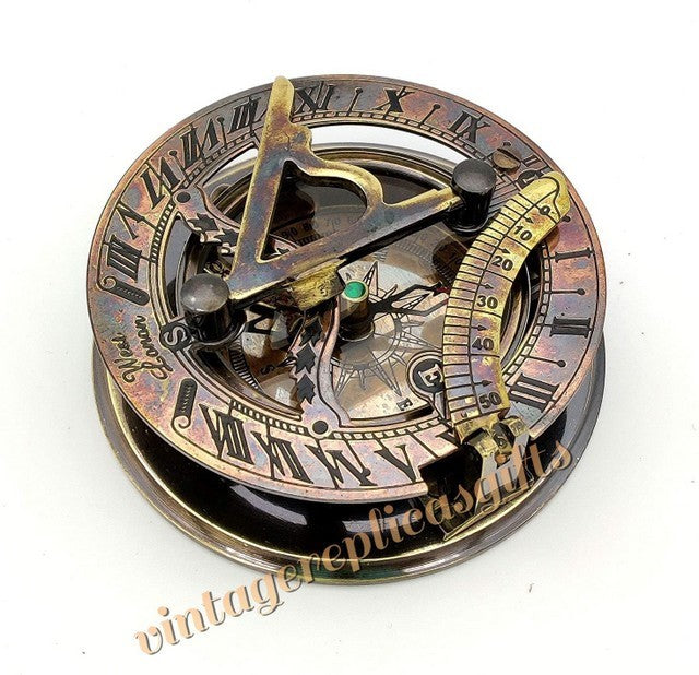 Vintage Brass sundial compass 3" with leather box directional collectible gift