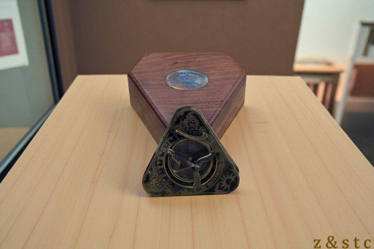 Gilbert & Sons Brass Sundial Compass – Vintage Triangular Design with Wooden Box