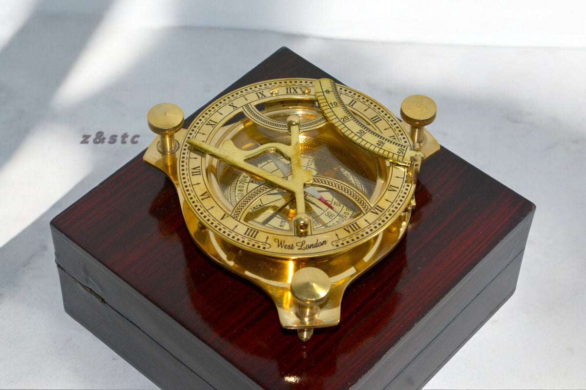 Brass Sundial Compass for Hiking Vintage Nautical Compass with Wooden box