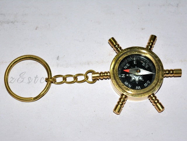 Decorative Brass Nautical Compass Key Chain – Ship Wheel Design Key Ring