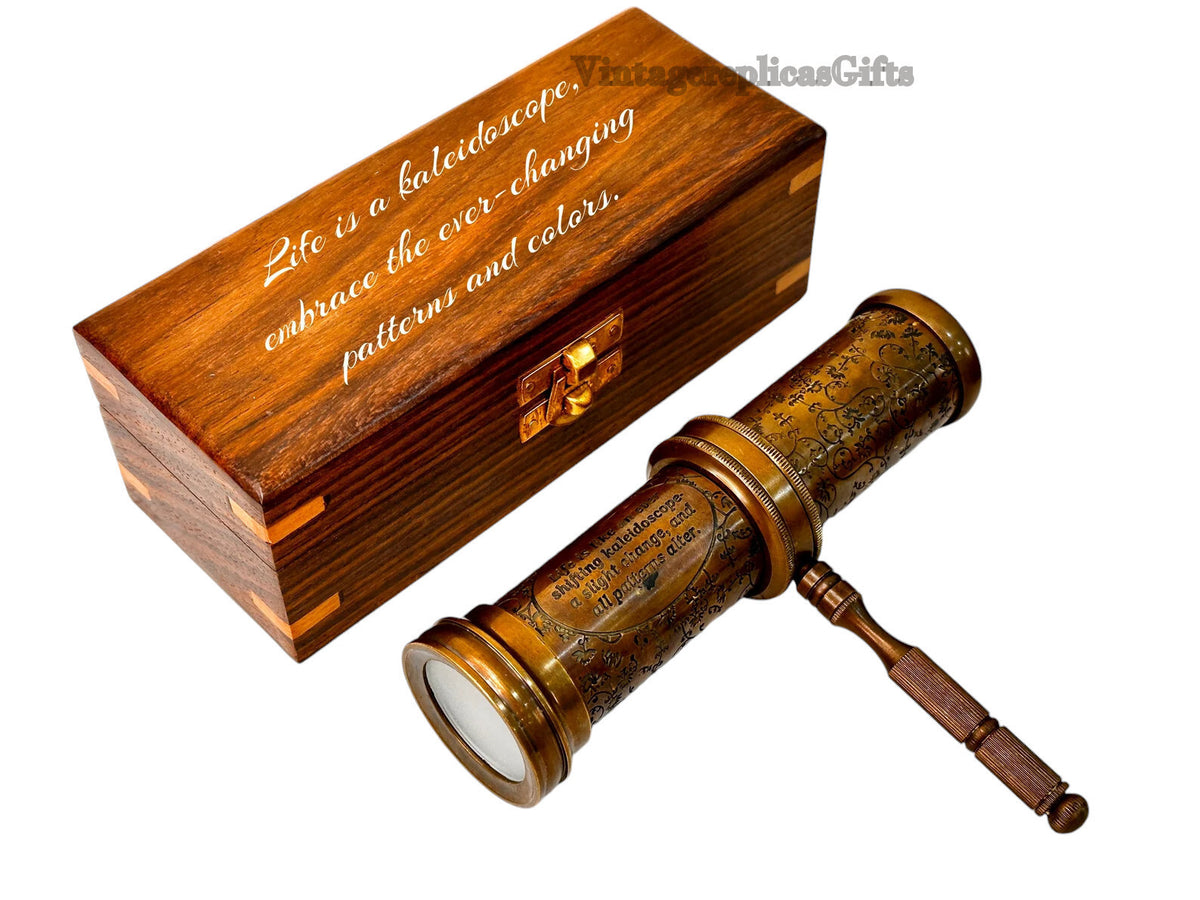 Vintage Brass Kaleidoscope w/ Wooden Box Engraved Custom Wedding Gift, Kids Toy
