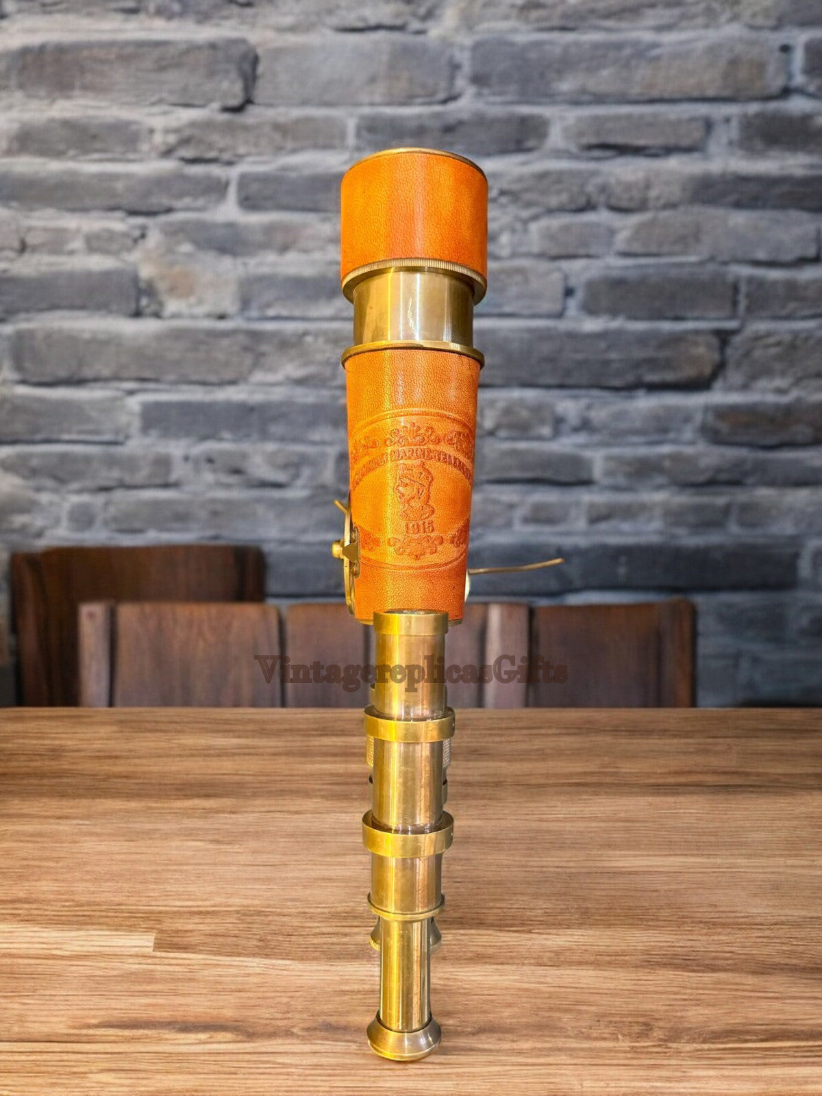 Brass & Leather Spyglass Double Barrel Telescope Tripod Home Office Decor Gift