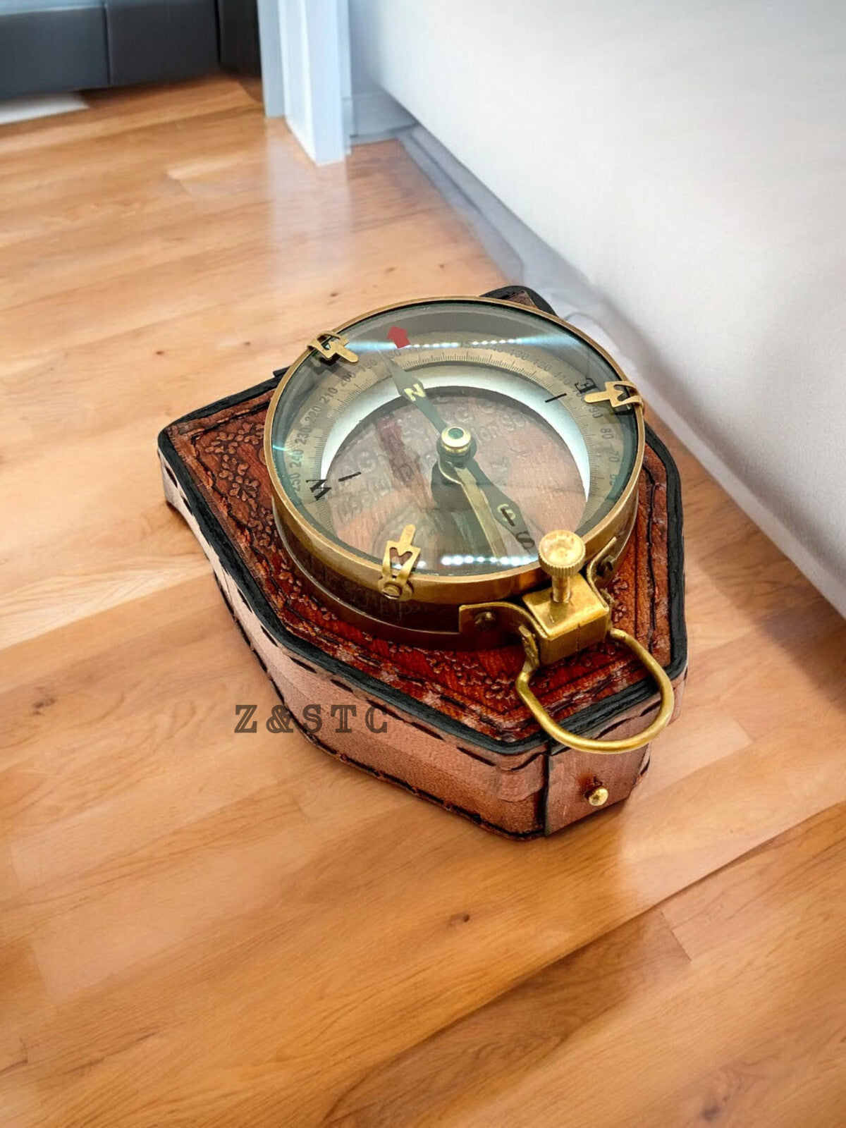 Vintage Brass Map Reader Spancer compass 3" with leather box directional gift