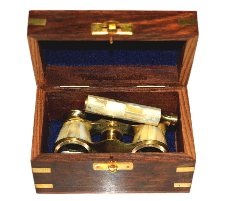 Brass 4" Mother of Pearl Binoculars – Nautical Maritime with Wooden Box
