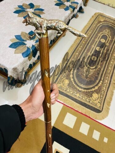Wolf Head Brass Handle Walking Stick 37" Wooden Cane Handmade Antique Vin