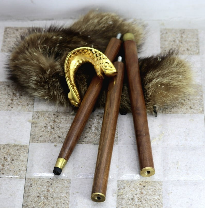 Victorian Brass Snake Head Walking Stick Wooden Cane Handmade 3 Fold