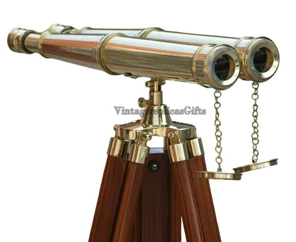 Nautical Brass 18" Binocular Marine Telescope w/ Floor Tripod Stand - Home Decor