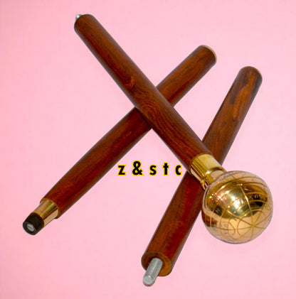 Vintage Brass Globe Head Walking Stick – Antique Style Wooden Cane