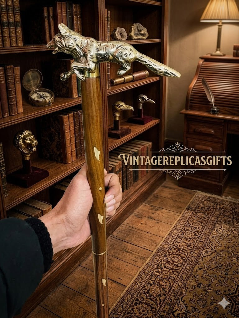 Wolf Head Brass Handle Walking Stick 37" Wooden Cane Handmade Antique Vin