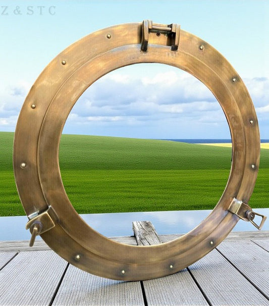 Vintage Style Brass Porthole 17" – Nautical Boat Window Wall Hanging Glass Accen