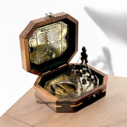 Antique Brass Pendulum Sundial Compass w/ Wooden Box Vintage Style Nautical Gift