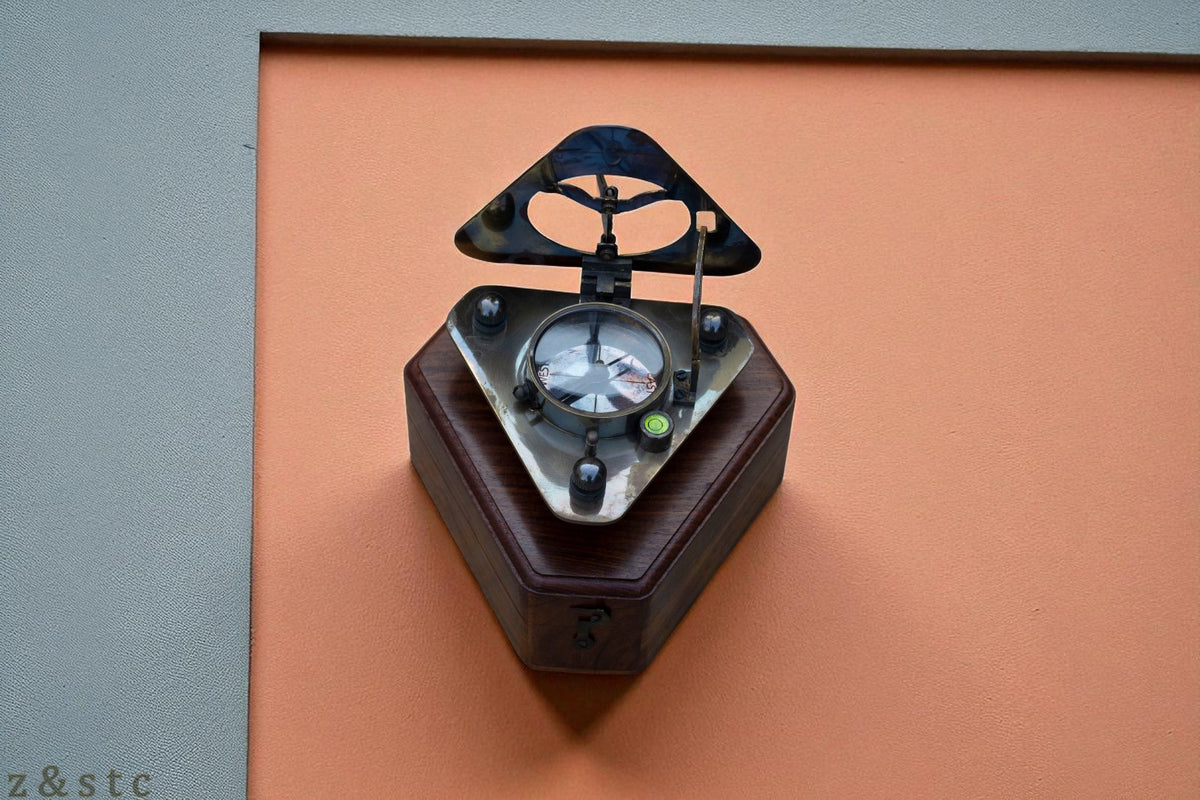 Gilbert & Sons Brass Sundial Compass – Vintage Triangular Design with Wooden Box