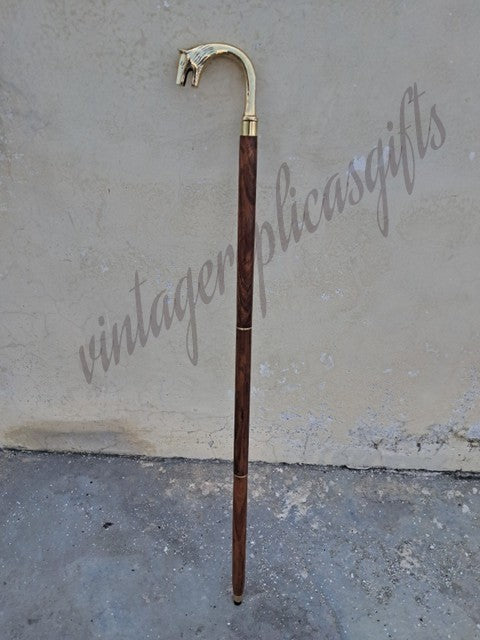 Wolf Head Brass Handle Walking Stick 37" Wooden Cane Handmade Antique Vin