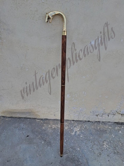 Wolf Head Brass Handle Walking Stick 37" Wooden Cane Handmade Antique Vin
