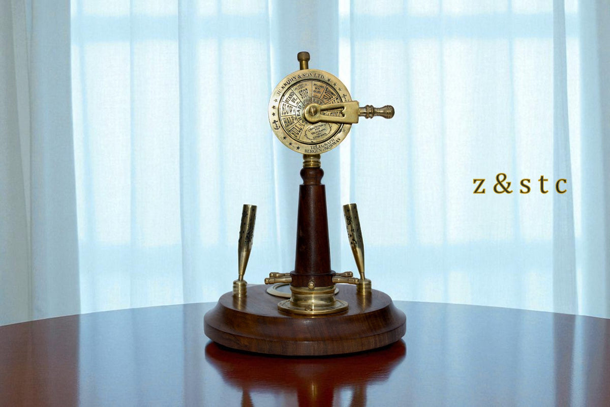 Wooden Brass Pen Holder with Built in Watch, Compass & Telegraph Decorative item