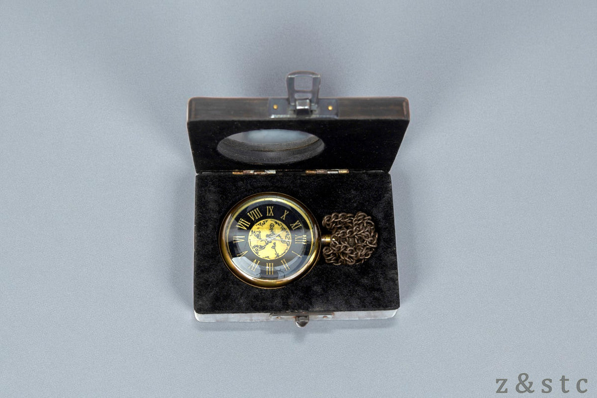 Classic Brass Pocket Watch with Black Wood Box – Retro Gifting Idea