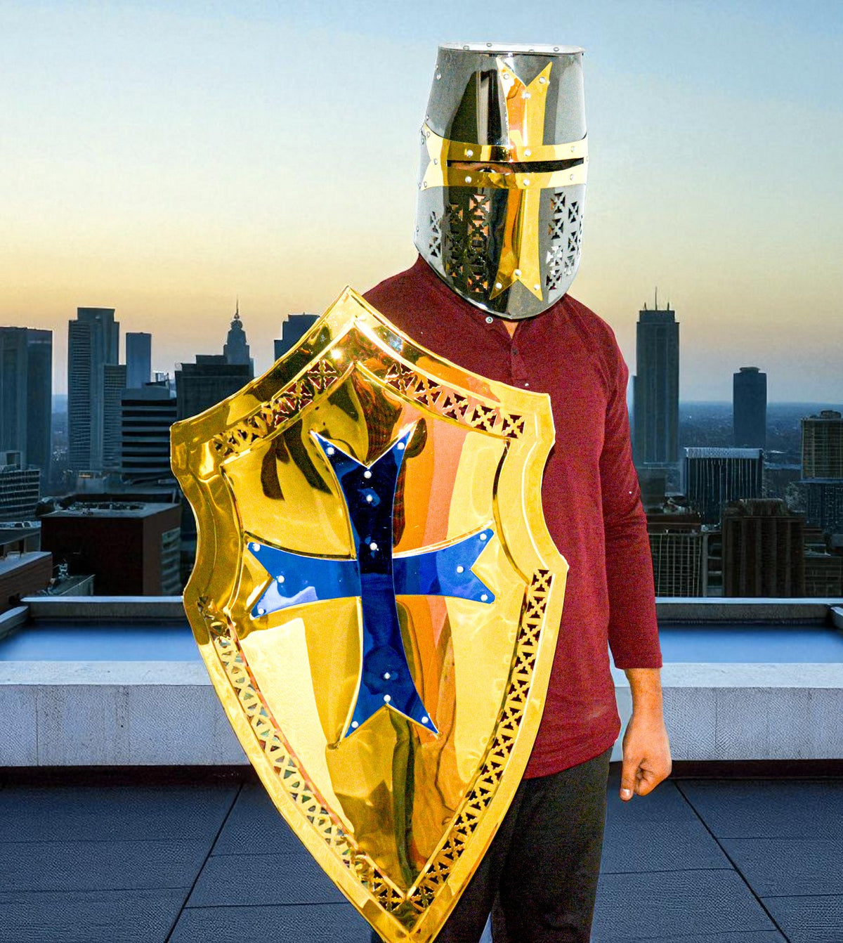 Templar Knight Costume Set – Brass Finish Shield & Helmet with Cross