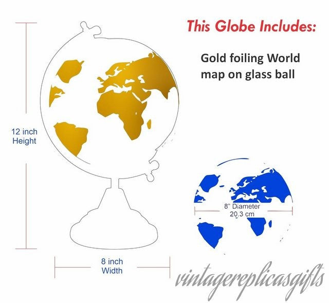 8” Glass World Globe with Metal Stand | Luxury Gold Desktop Globe Decor