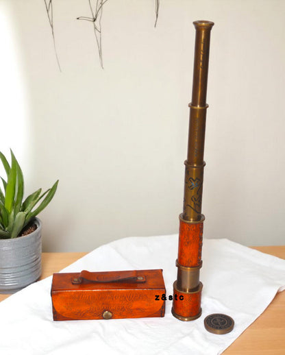 Vintage Brass Leather-Wrapped Telescope with Leather Box Nautical Spyglass Gift