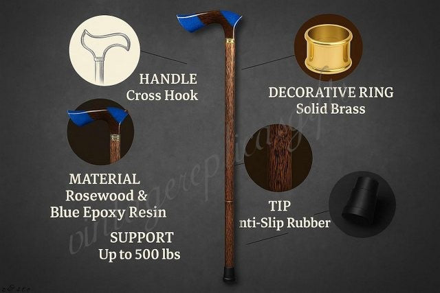 olid Palmwood Walking Stick 36” Handmade Designer Cane Durable Mobility Aid