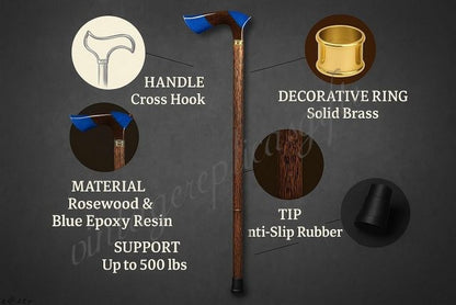 olid Palmwood Walking Stick 36” Handmade Designer Cane Durable Mobility Aid