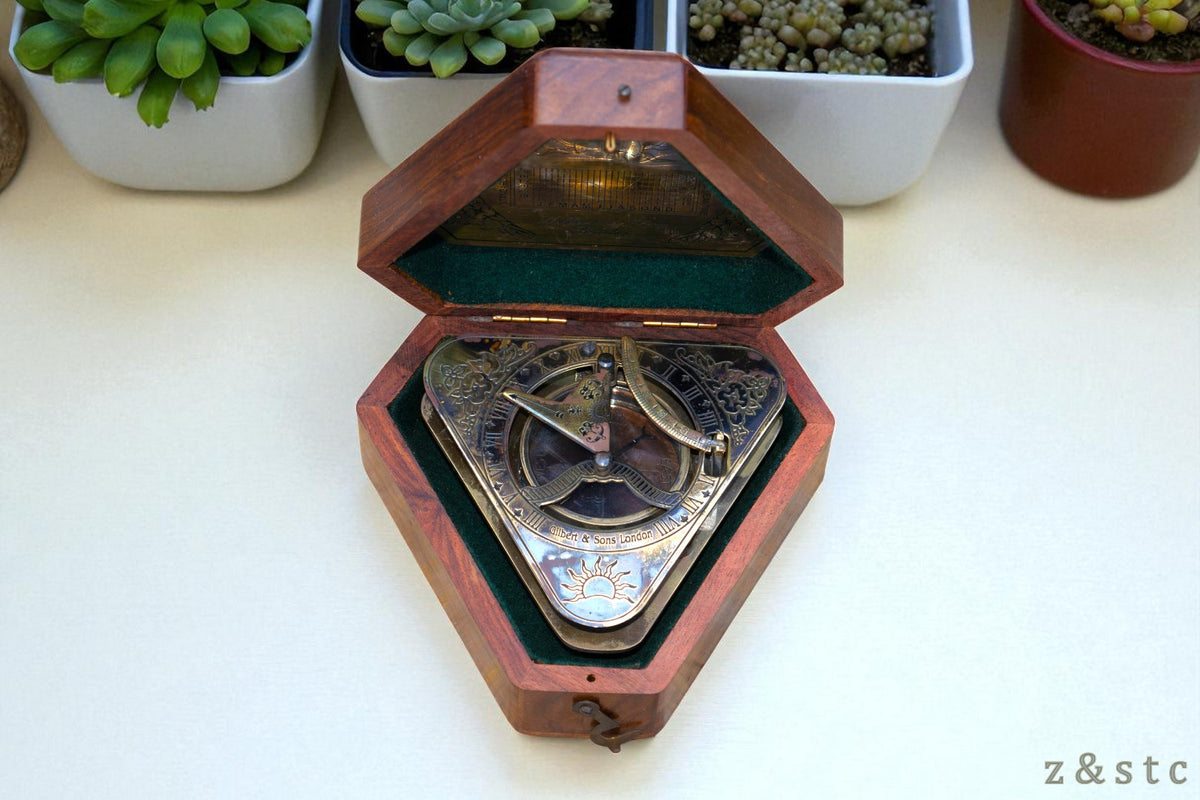 Gilbert & Sons Brass Sundial Compass – Vintage Triangular Design with Wooden Box