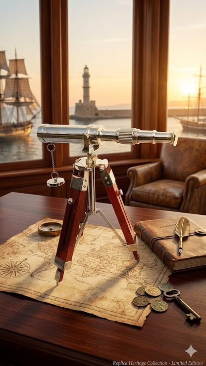 Vintage Brass Telescope on Wooden Tripod | Antique Nautical Spyglass | Maritime