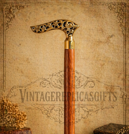 VintageReplicasGifts Brass Handle Walking Stick 3 Fold Wooden Cane Antique Desig