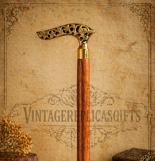 VintageReplicasGifts Brass Handle Walking Stick 3 Fold Wooden Cane Antique Desig