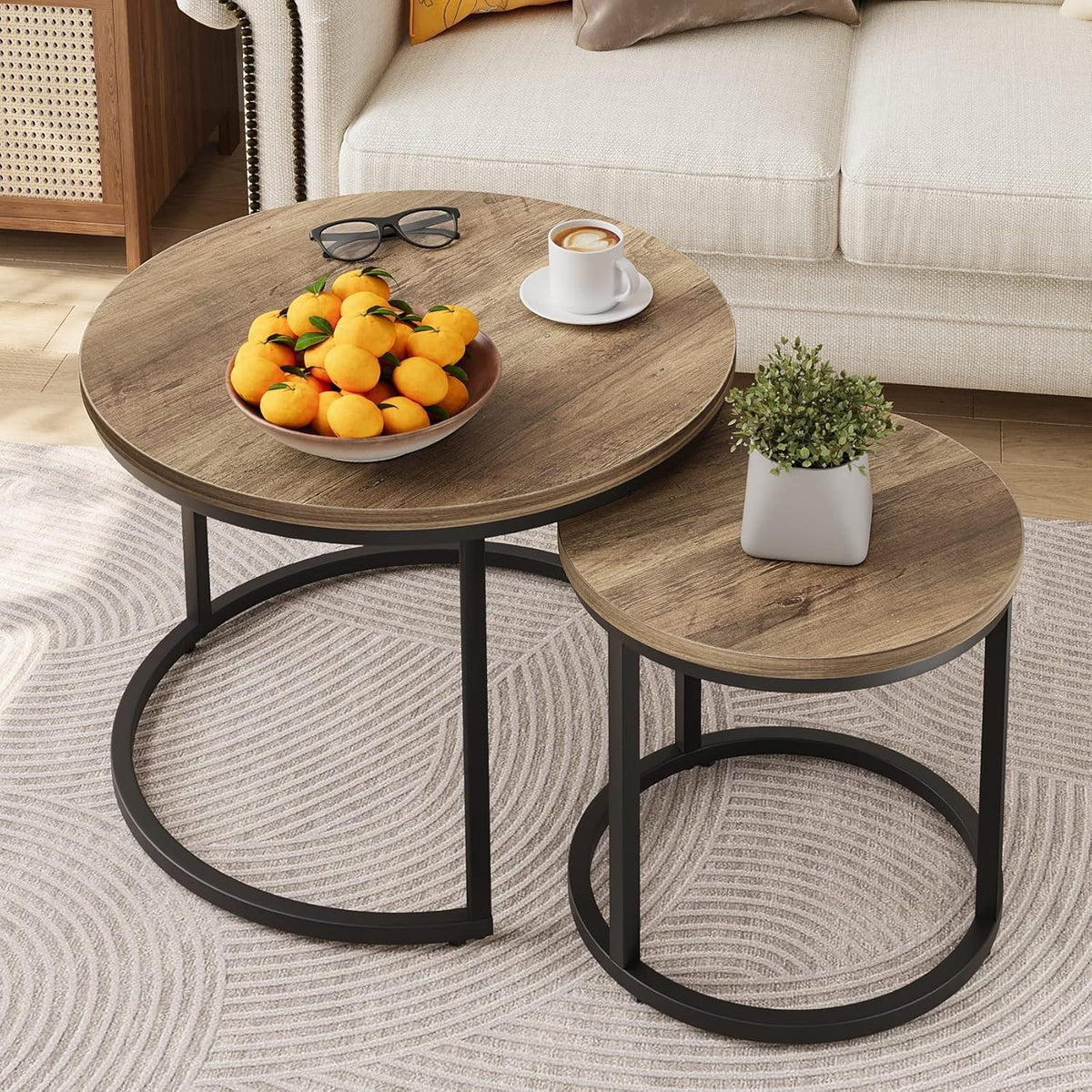 Space-Saving Round Nesting Coffee Table Set – 2 Wooden Industrial End Tables.