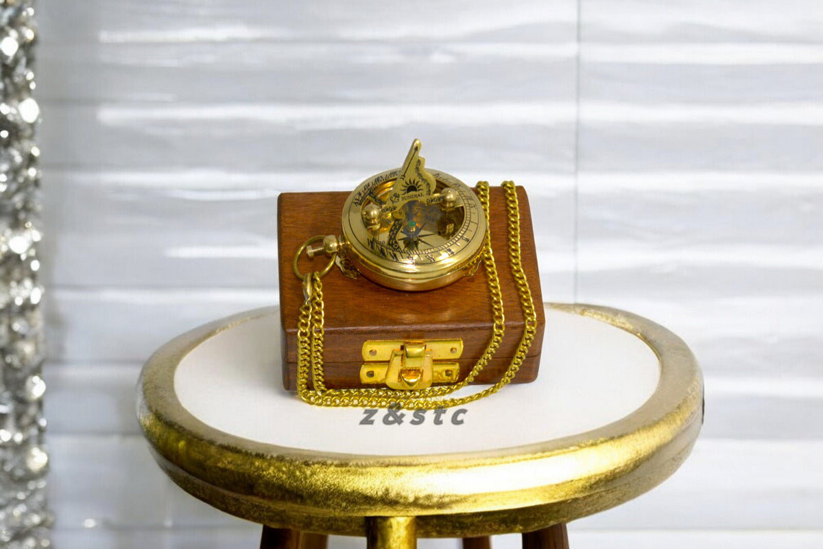 Vintage Brass Push Button Sundial Compass With Wooden Box
