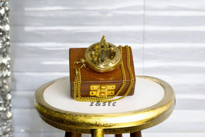 Vintage Brass Push Button Sundial Compass With Wooden Box
