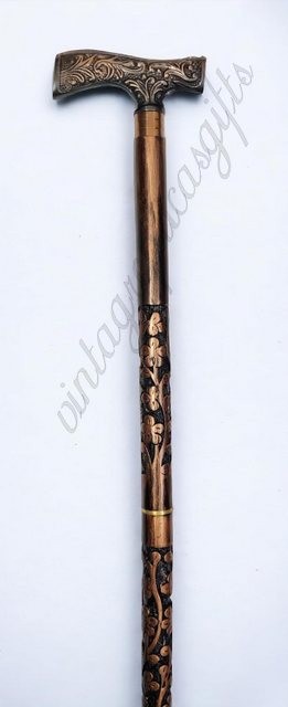 Hand Carved Wooden Cane with Brass Handle 36” Foldable Walking Stick