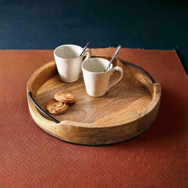 Artisan Crafted Mango Wood Tray – Rustic Square Serving Tray with Iron Handles.