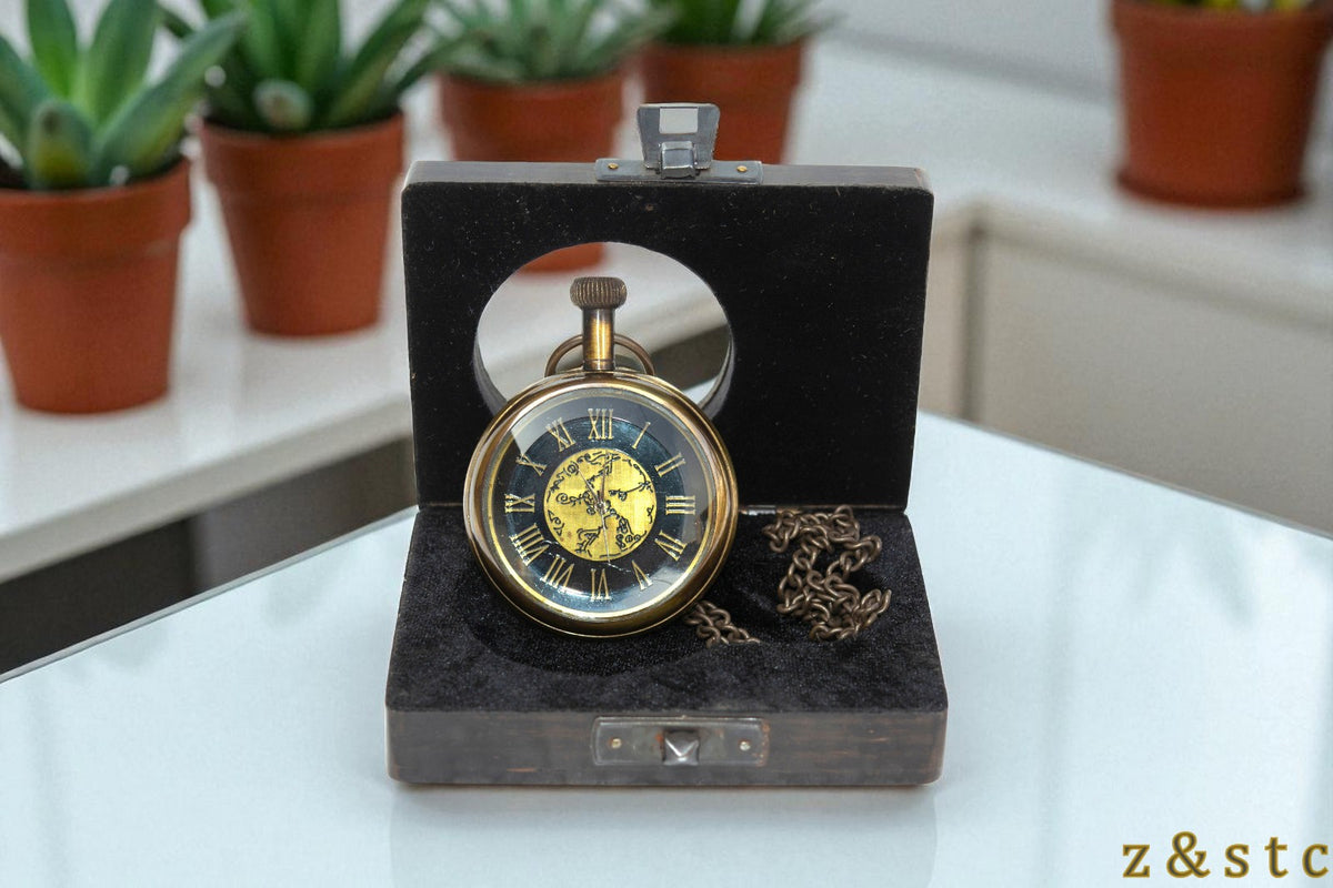 Classic Brass Pocket Watch with Black Wood Box – Retro Gifting Idea