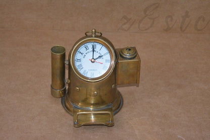 Vintage Shiny Brass Nautical Ship Clock with Built-in Pencil Sharpener Maritime