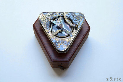 Gilbert & Sons Brass Sundial Compass – Vintage Triangular Design with Wooden Box