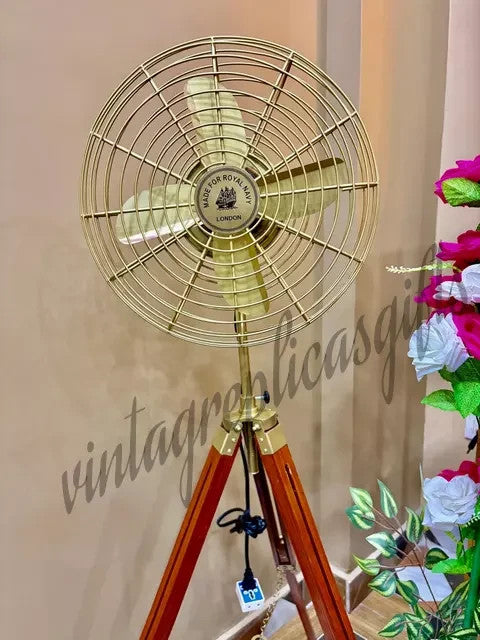 Vintage Brass Tripod Floor Fan 54” | Industrial Wooden Stand Retro Electric Fan