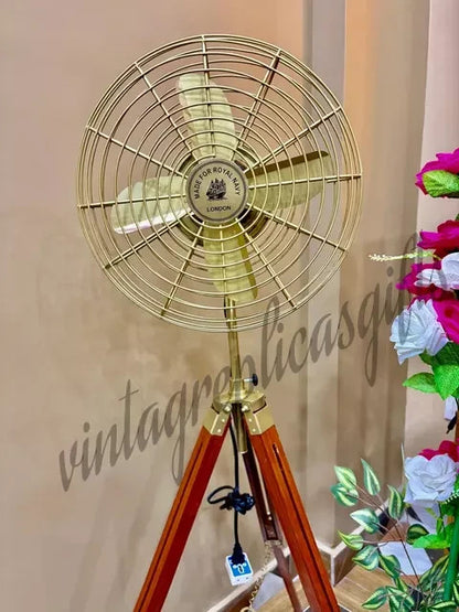 Vintage Brass Tripod Floor Fan 54” | Industrial Wooden Stand Retro Electric Fan