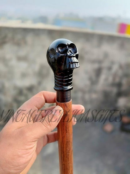 Antique Terminator Head Brass Handle Cane Wooden Walking Stick Vintage Designed