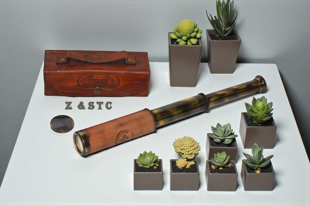 Brass Leather-Wrapped Telescope – Handheld Spyglass with Leather Case
