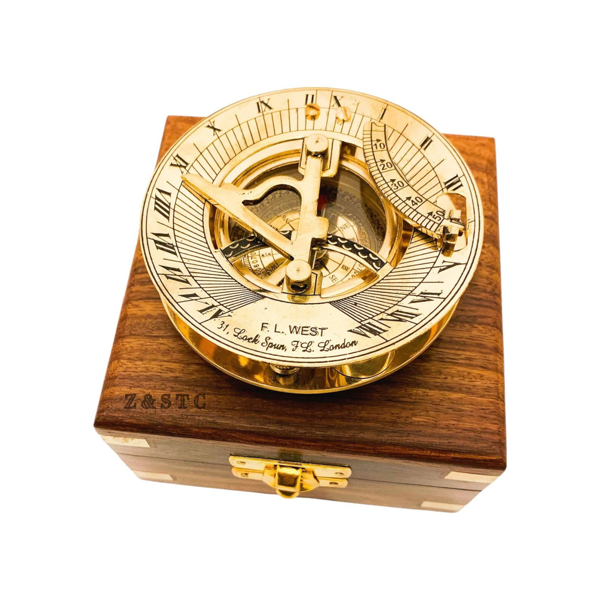Vintage Brass Round Sundial compass 3" with Wooden box directional gift