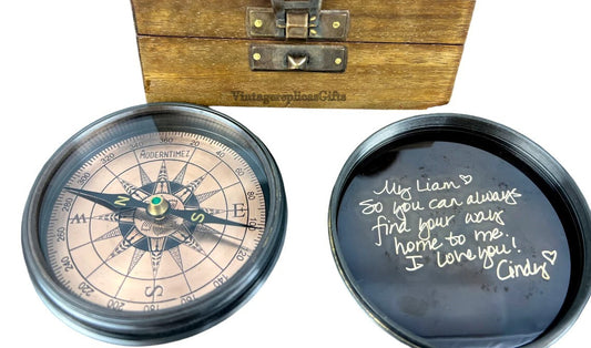 Personalized Vintage Brass 3" Compass with Wooden Box – Custom Engraved Gift