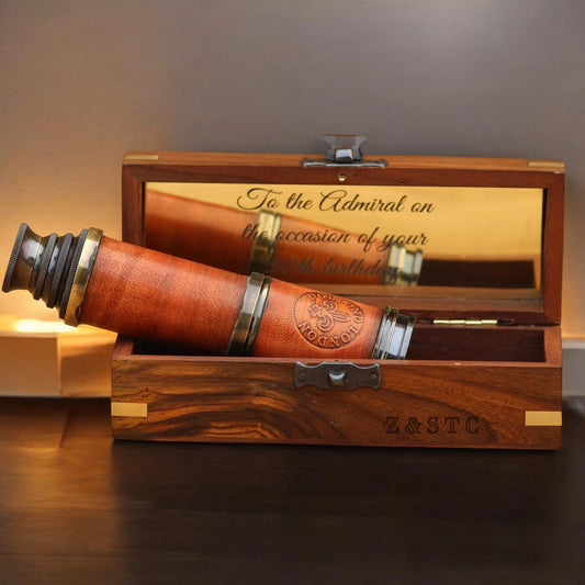 Vintage Brass And Leather 16" Telescope Spyglass Scope Maritime With Wooden Box