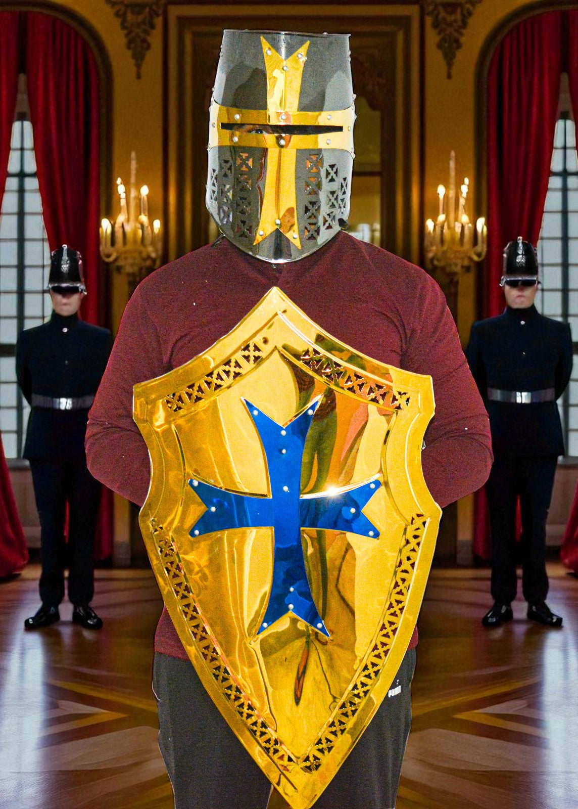 Templar Knight Costume Set – Brass Finish Shield & Helmet with Cross